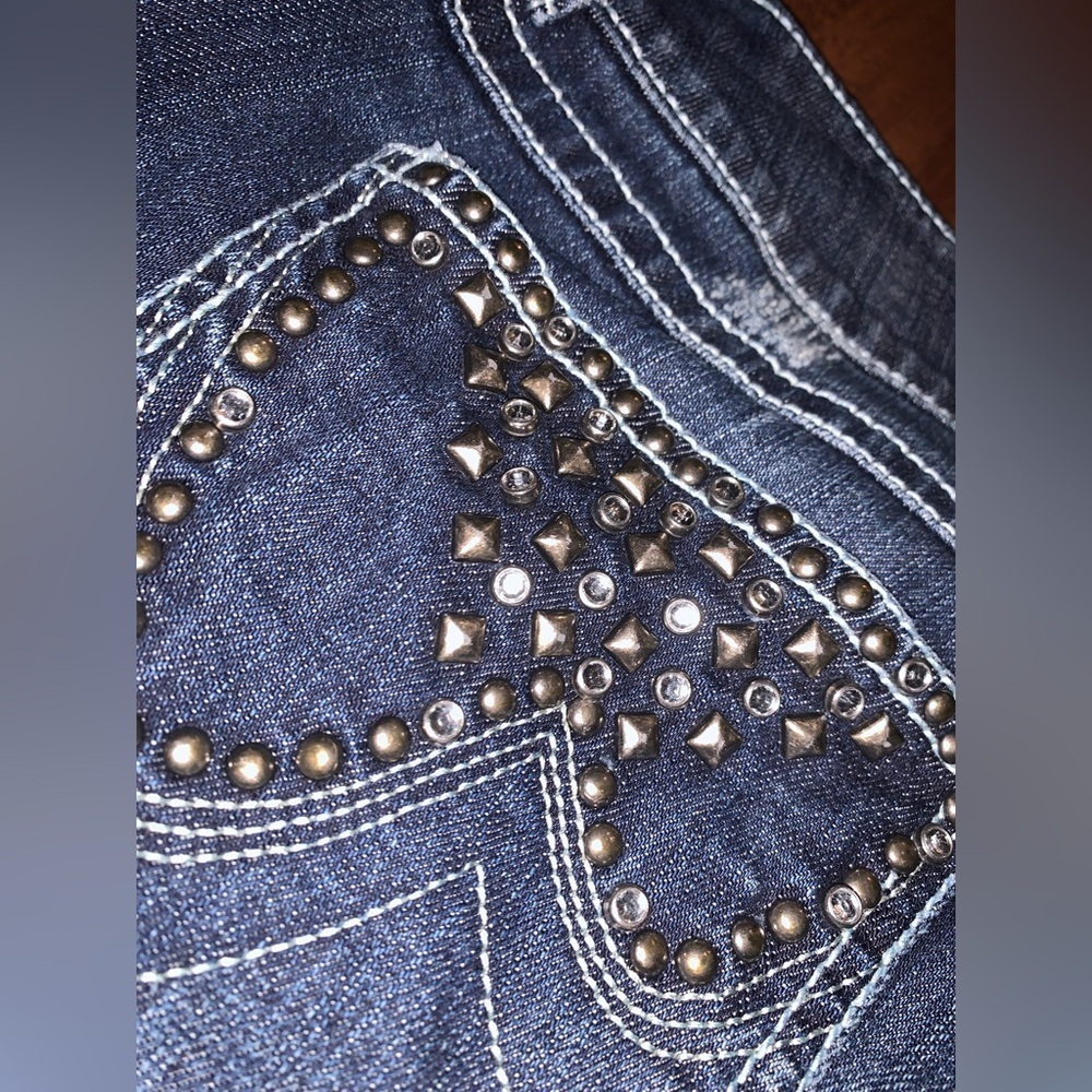 Wrangler Premium Patch Studded Bejeweled Distressed Y2K Flare Low Rise Jeans 5/6 - Picture 11 of 11